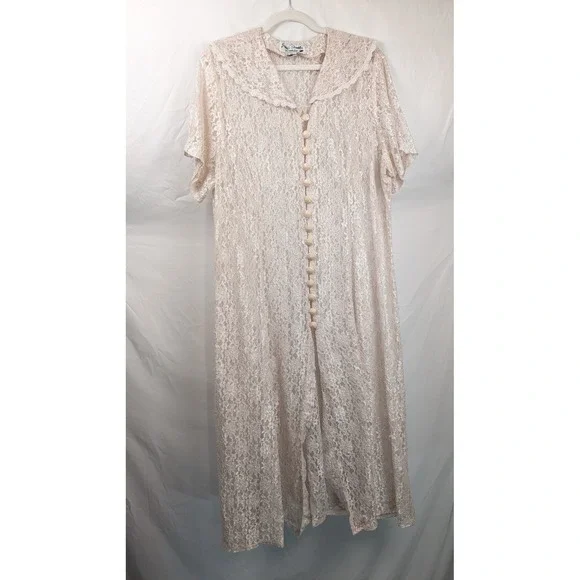 Vintage Pink Sheer Lace Dress Floral Maxi Robe Button 22 Fairy Dainty Romantic - Picture 2 of 10